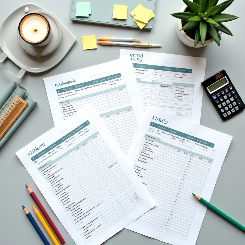 Financial planning worksheets and calculation tools spread on a clean modern desk