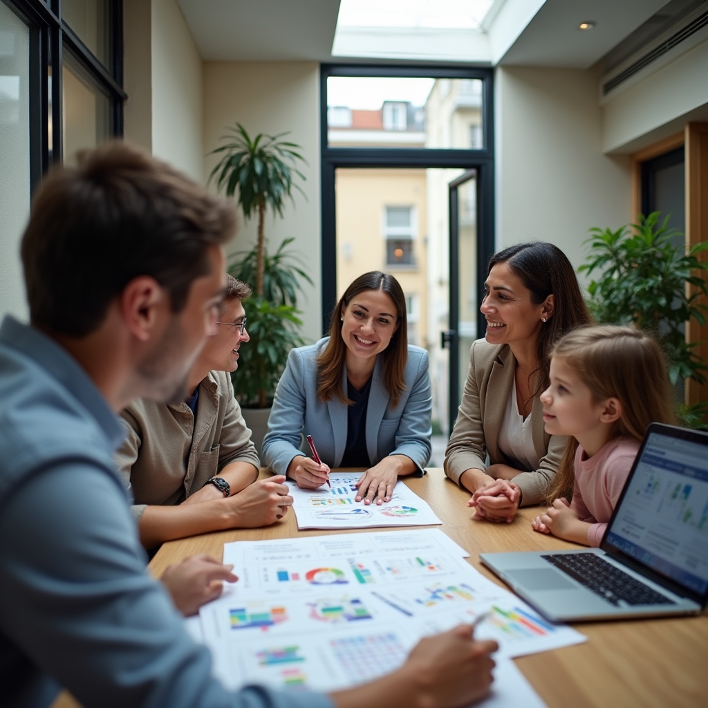 Family consulting session for annual budget planning at a modern office