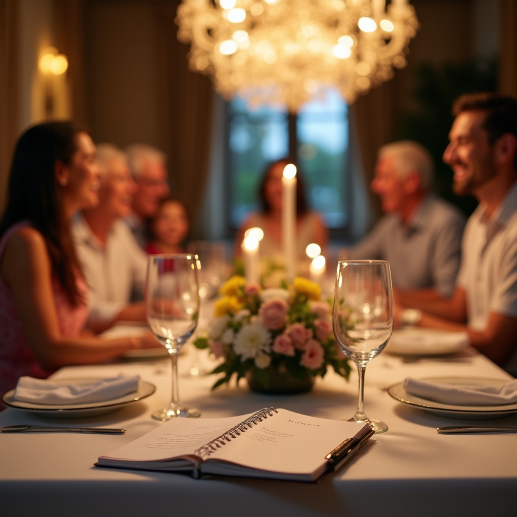 Family celebrating at a table with thoughtful planning materials visible nearby