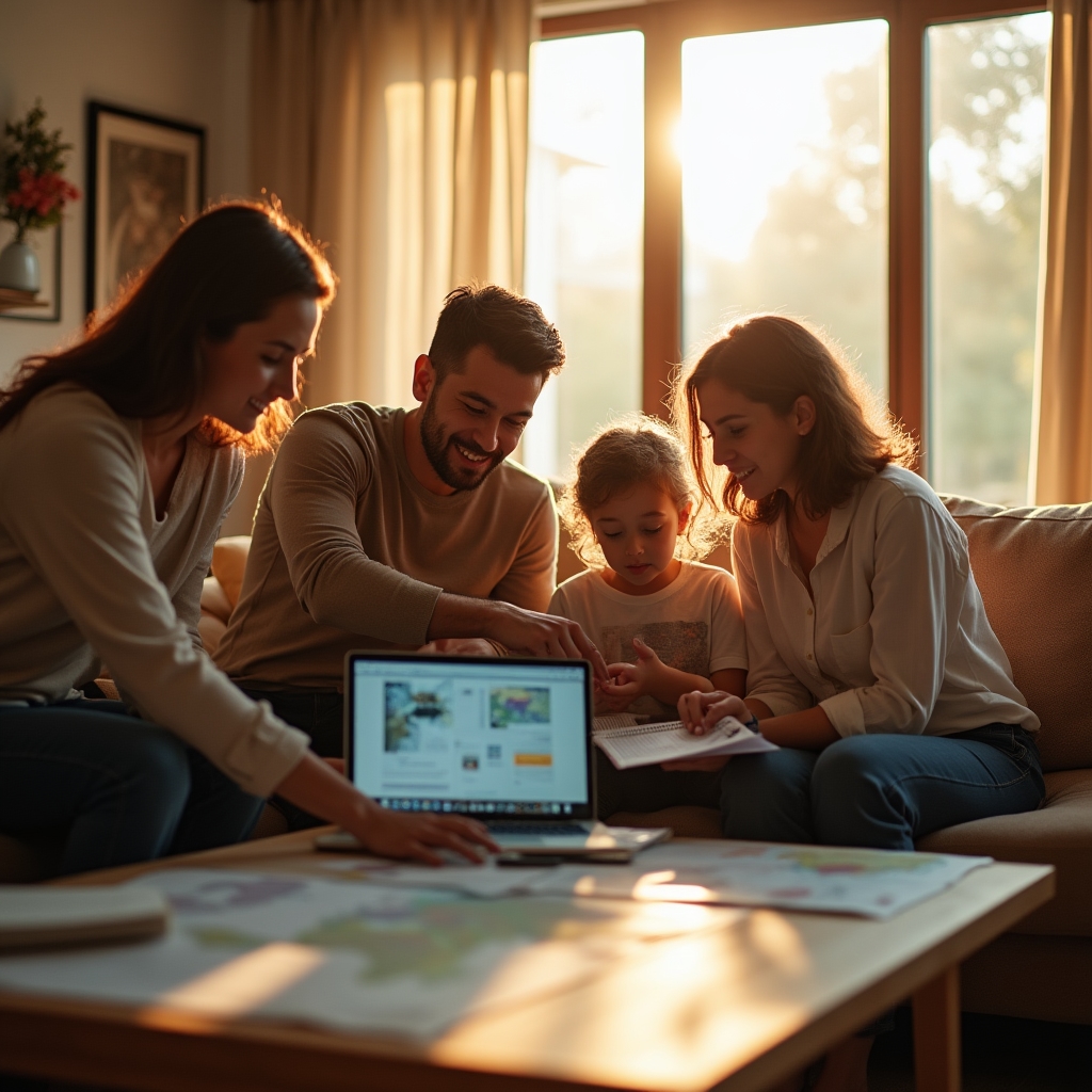 Family looking at travel options together on a laptop while reviewing travel budget