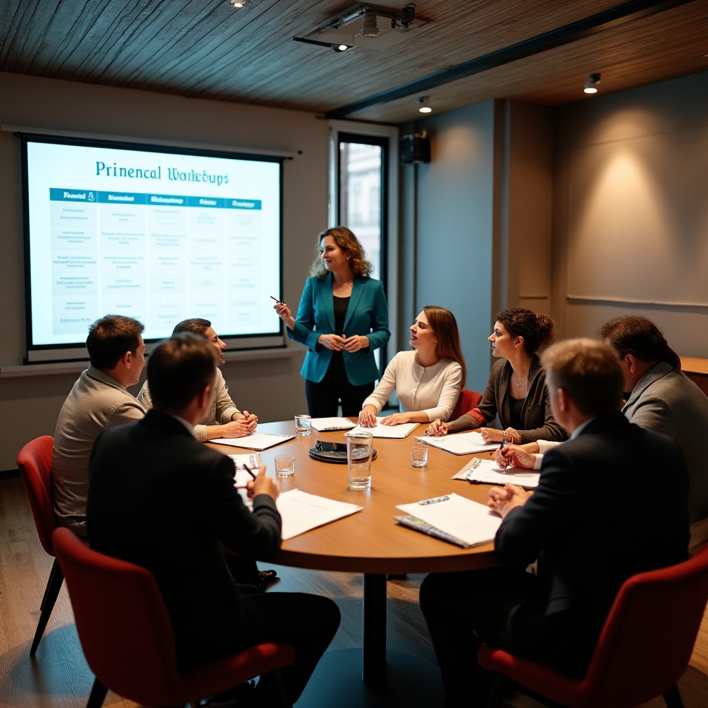 Engaged group of adults in a financial planning workshop session with notes and documents on the table