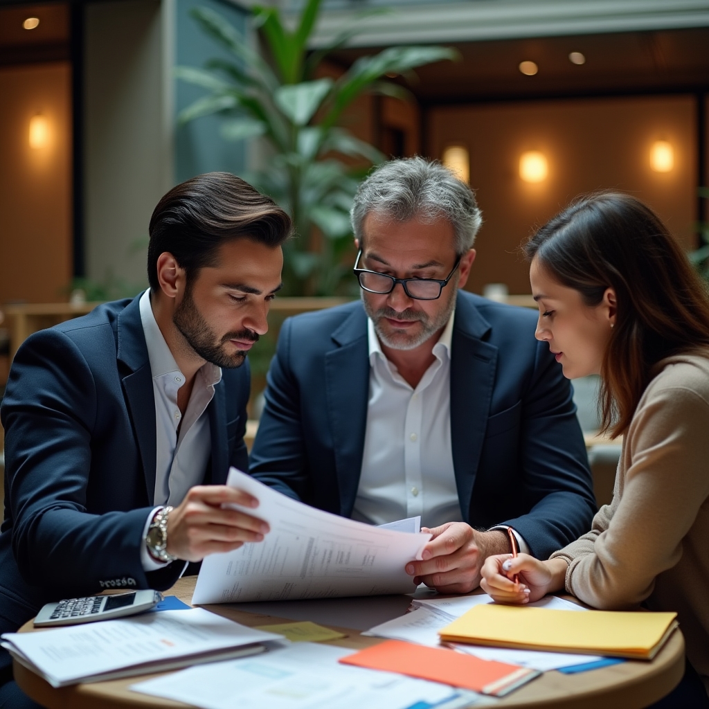 Household economics advisor reviewing financial documents with a family
