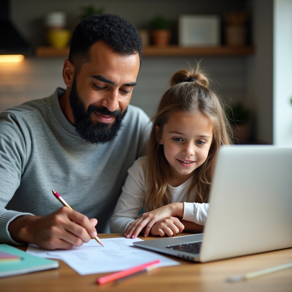 Parent and child reviewing school supply list together at home
