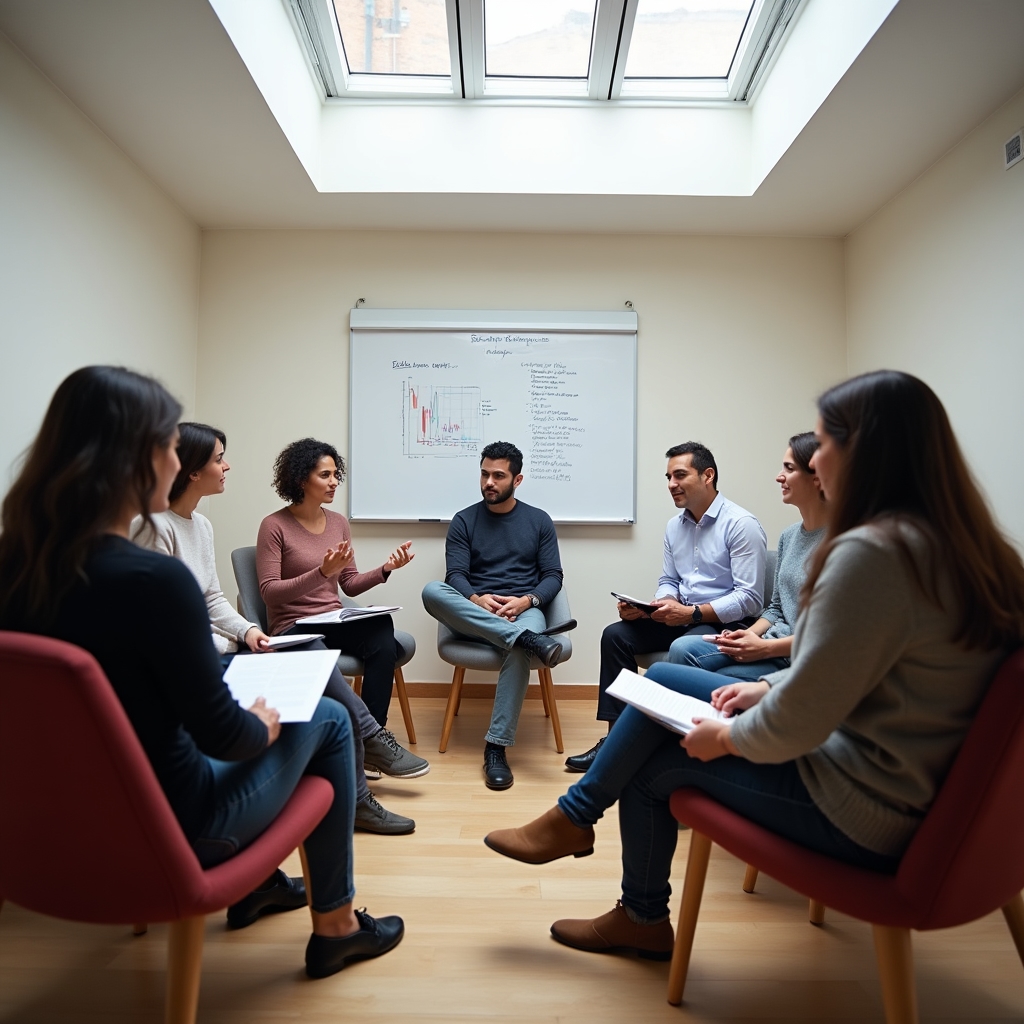 Small group of families gathered around a table in a supportive workshop environment discussing financial planning